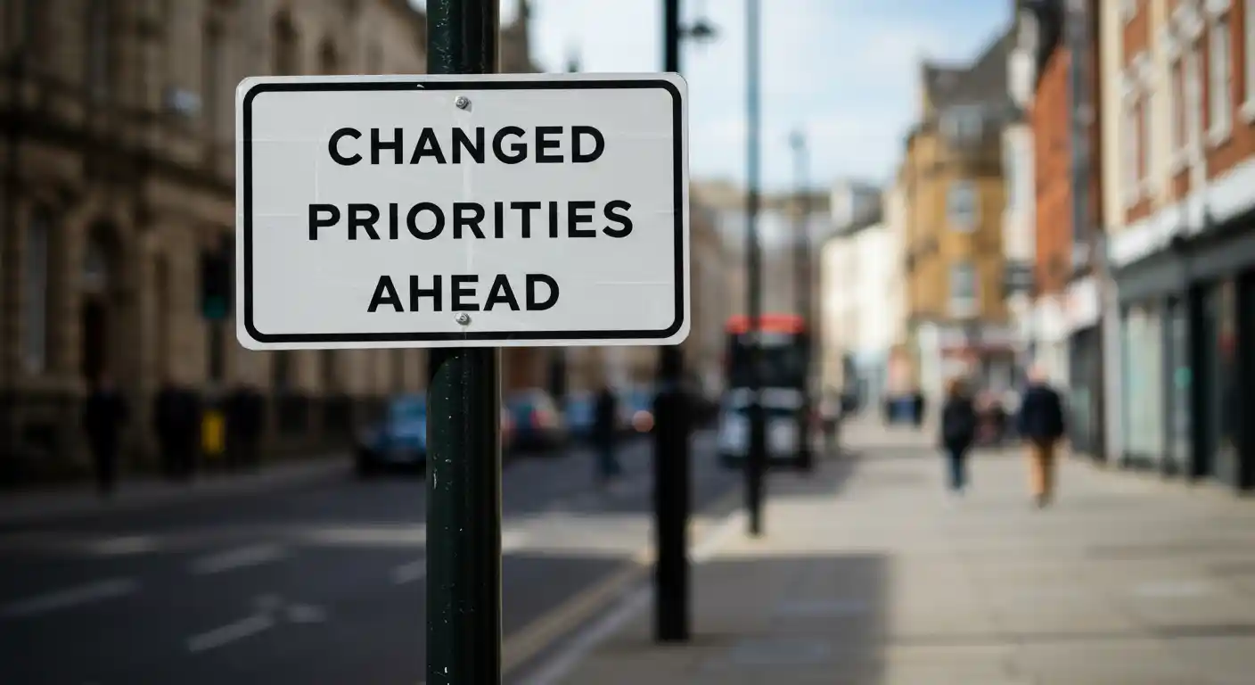 Changed Priorities Ahead Street Sign