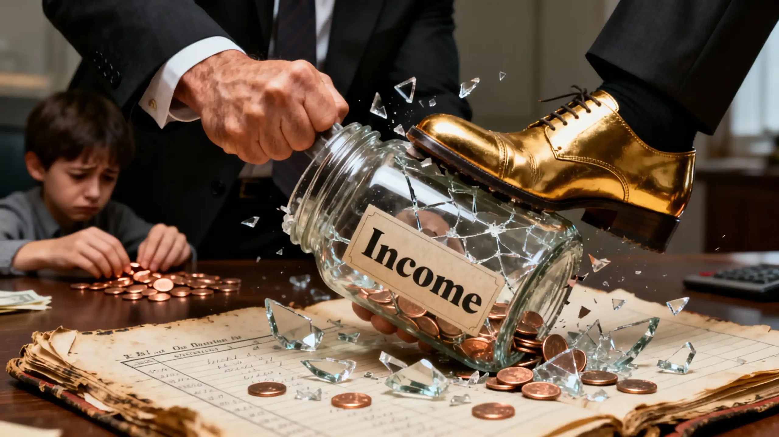 A dramatic close-up of a person's golden shoe crushing a glass jar labeled "Income," causing it to shatter and pennies to scatter across an old ledger. In the background, a distressed child is shown playing with pennies. The image symbolizes destroying one's financial future due to focusing on small savings over income creation.