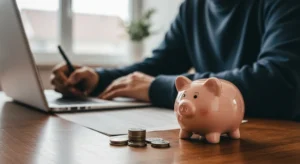 man using a laptop with a piggy bank on the side