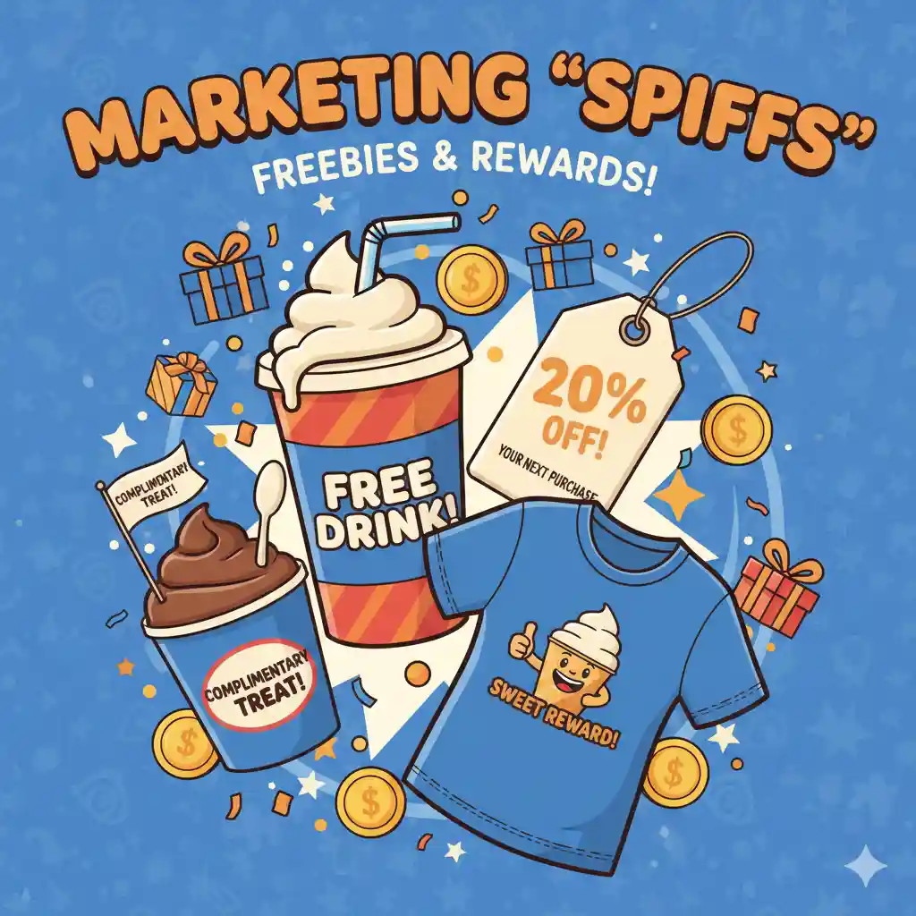 A visually engaging graphic showing various promotional items like a free drink cup, a coupon tag, a t-shirt, and a fast-food item (like a frosty), representing different types of marketing 'spiffs' or free giveaways.
