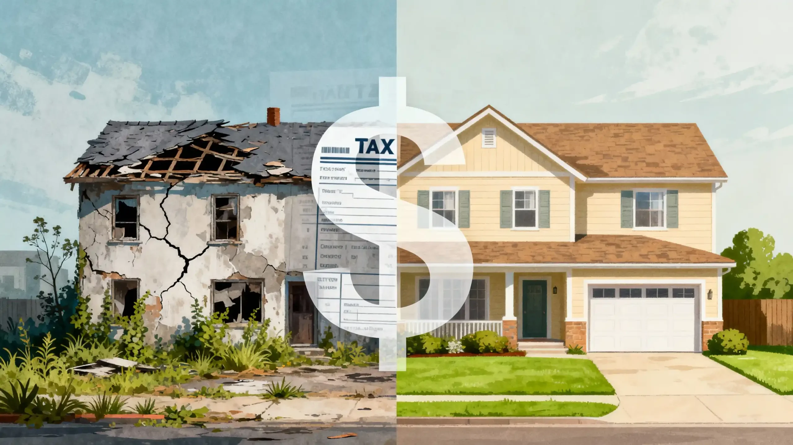 A split image of two houses, one dilapidated (representing a cheap buy/flip) and one well-maintained (representing a long-term hold), overlaid with a dollar sign or tax form, symbolizing real estate investment and the potential for a large tax deduction.