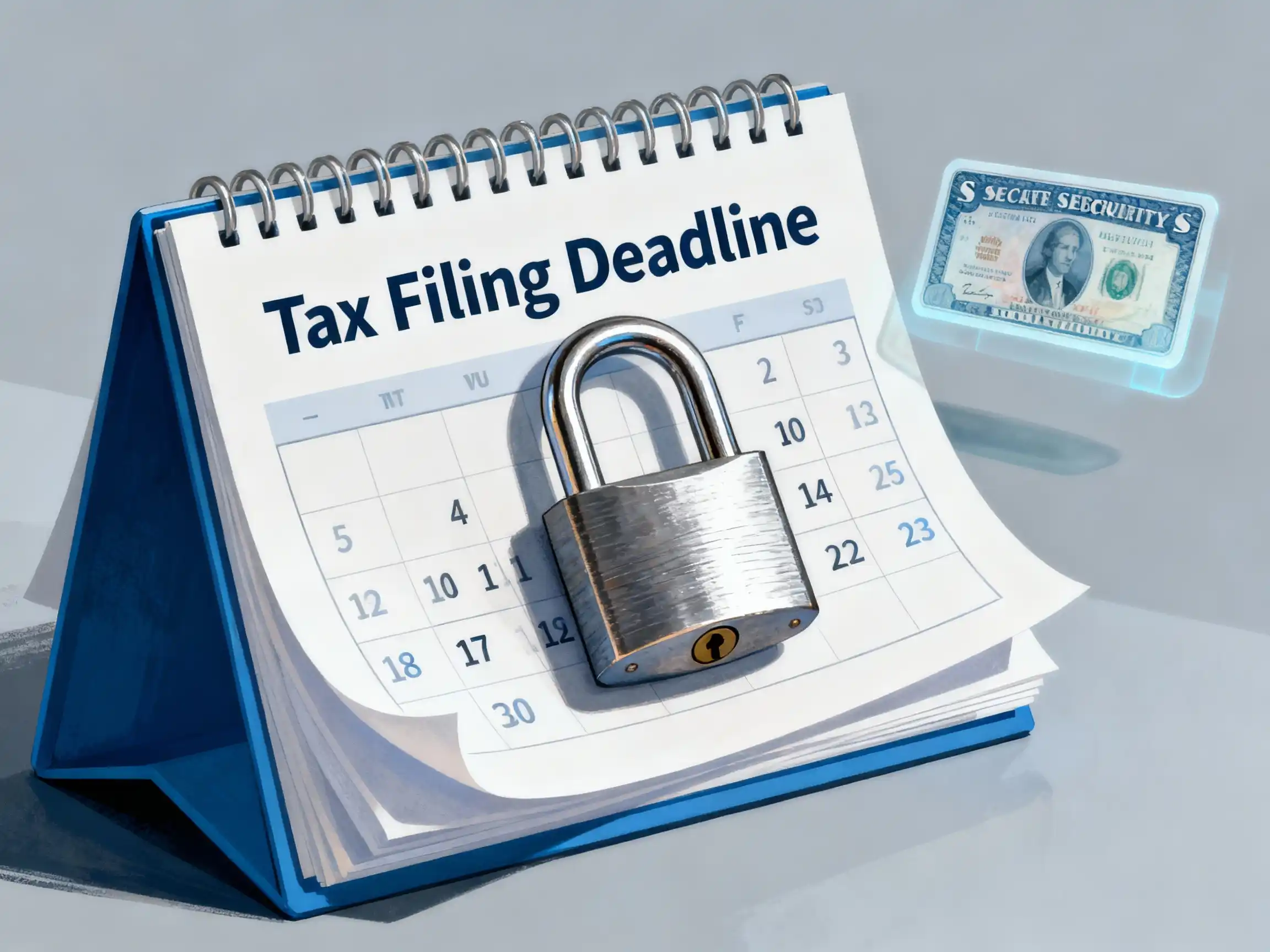 An illustration of a calendar showing the tax filing deadline being pushed back or delayed by a large padlock, symbolizing the IRS holding a refund due to identity theft or fraud suspicion. A small, floating Social Security card image represents the stolen data.