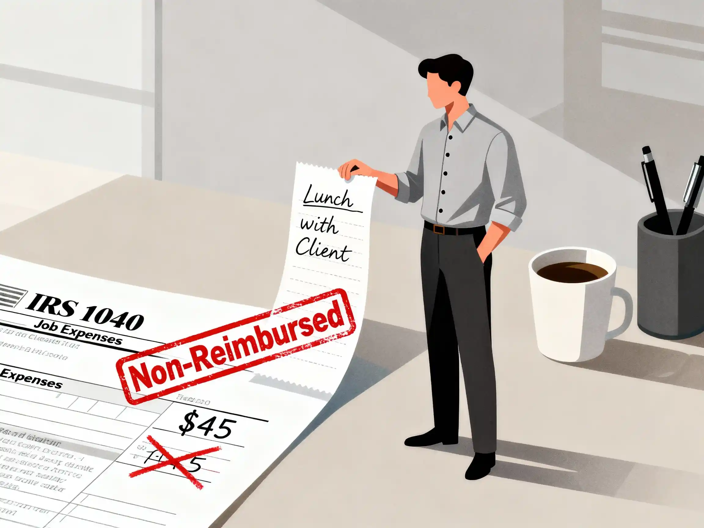 An illustration showing a common office worker holding an expense receipt that is crossed out or stamped "Non-Reimbursed," next to a partial view of IRS Form 1040, symbolizing the deduction of job-related costs not covered by an employer.