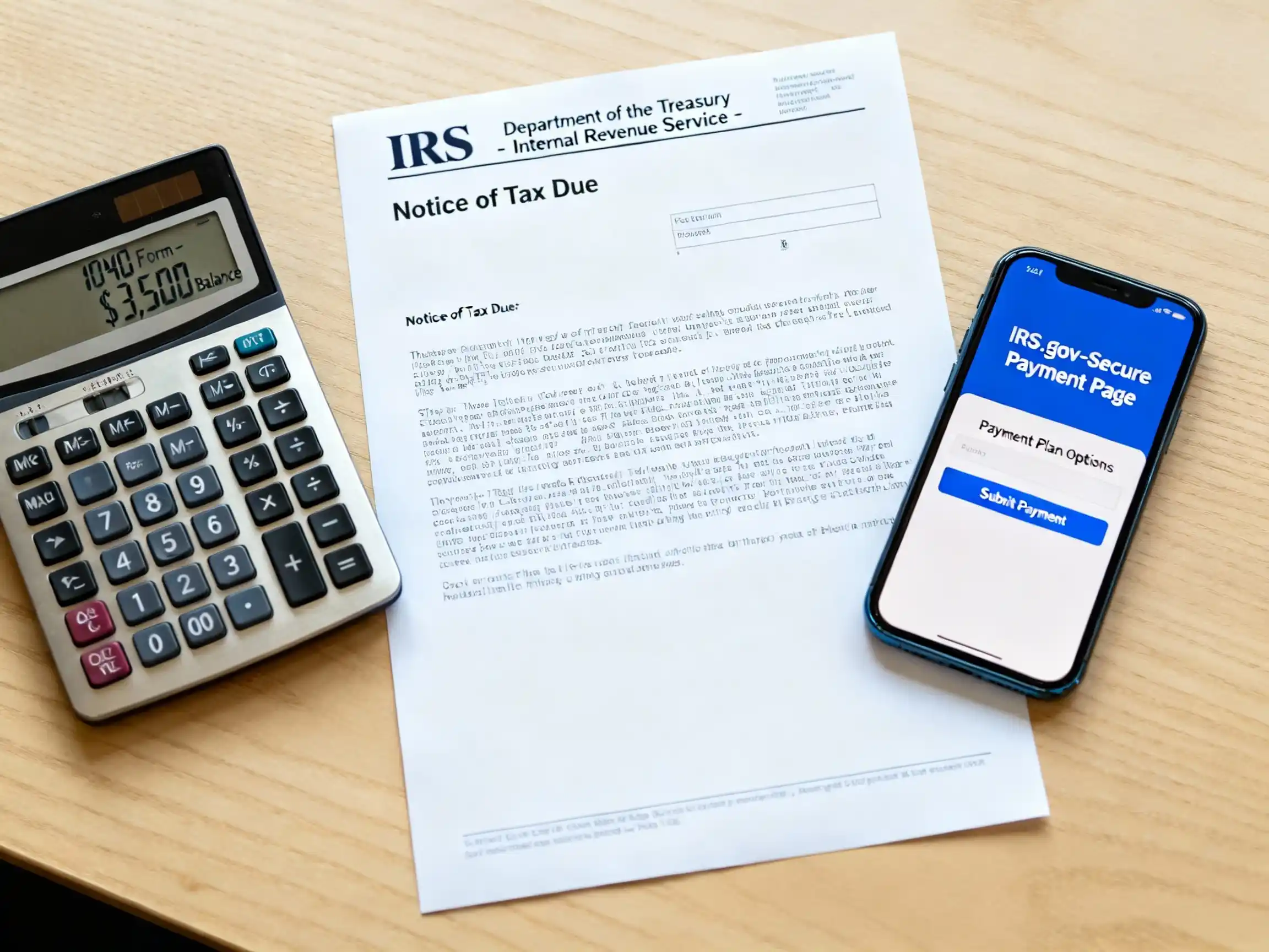 An image of an official IRS letter next to a calculator and a smartphone displaying a secure IRS.gov payment page, symbolizing the proactive steps of reading notices and exploring official payment plans.