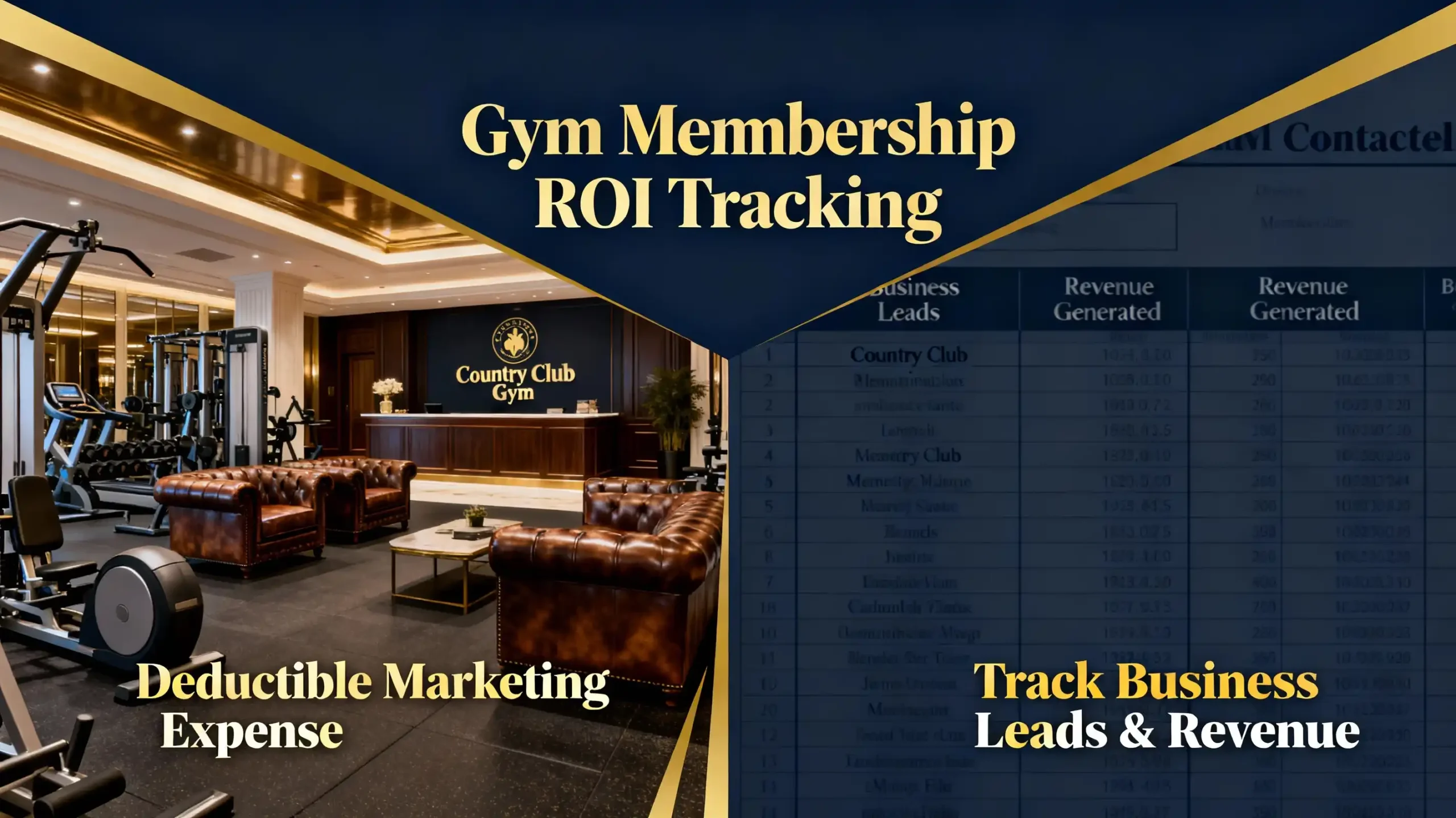 A split image showing a high-end country club gym on one side (representing the deductible marketing expense) and a detailed ledger or contact list on the other side, emphasizing the mandatory need to track business leads and revenue generated from the gym membership.
