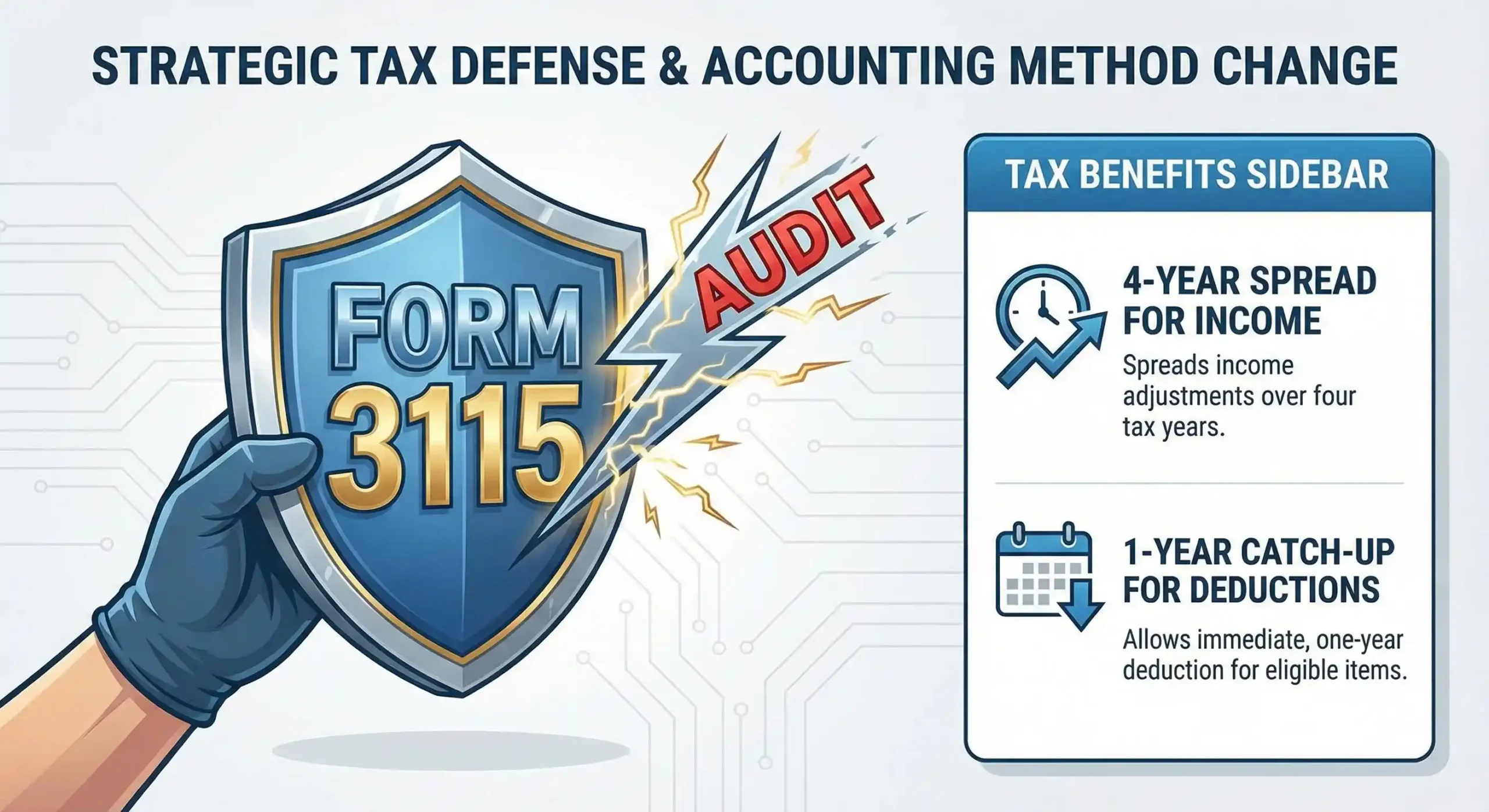 A professional graphic showing Form 3115 acting as a literal shield against an "Audit" lightning bolt, with a sidebar highlighting "4-Year Spread for Income" and "1-Year Catch-up for Deductions.