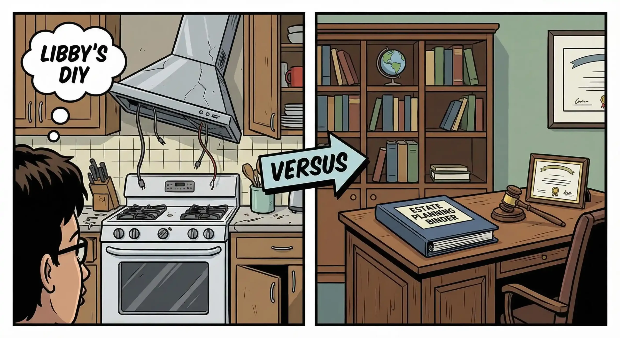 An illustration of a broken vent hood in a kitchen (referencing Libby's story) contrasted with a neatly organized "Estate Planning" binder, symbolizing the difference between a dangerous DIY job and professional legal security.