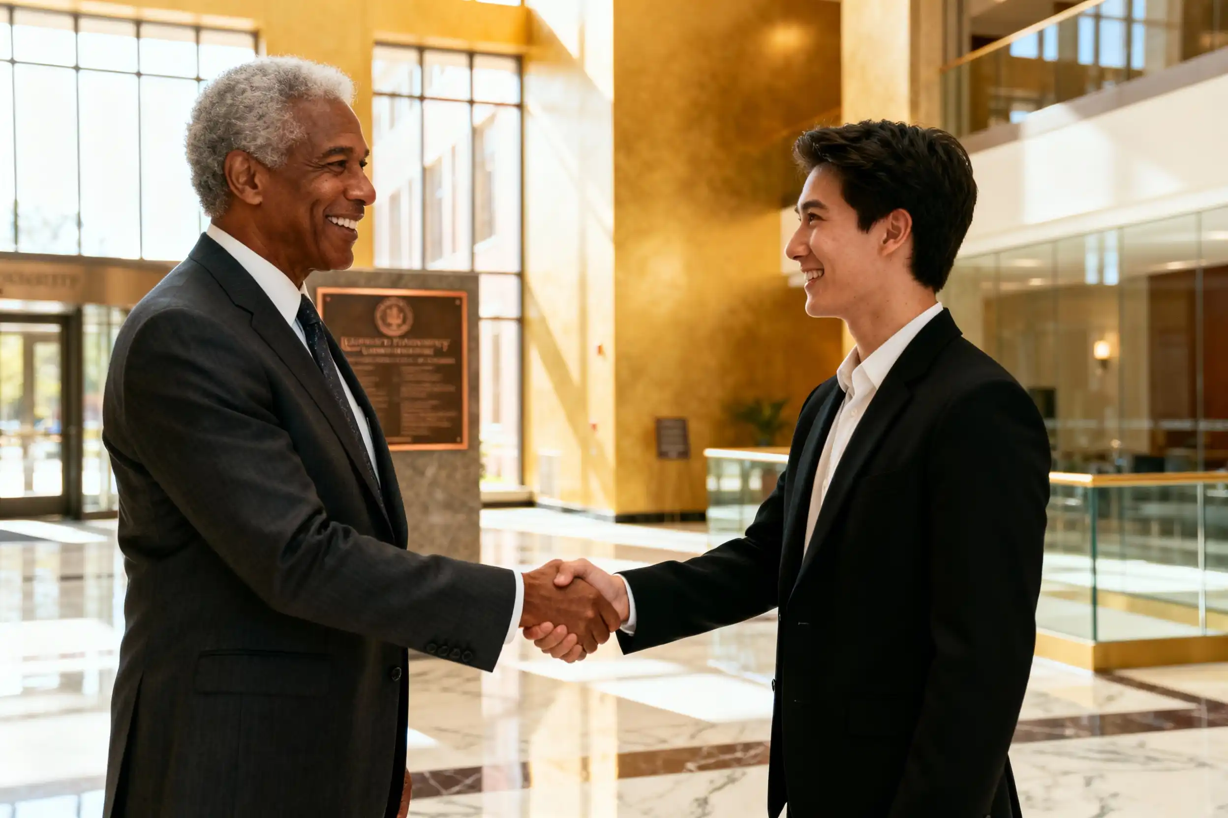 Smiling senior African American executive shaking hands with a young Asian professional in a sunlit corporate or academic lobby