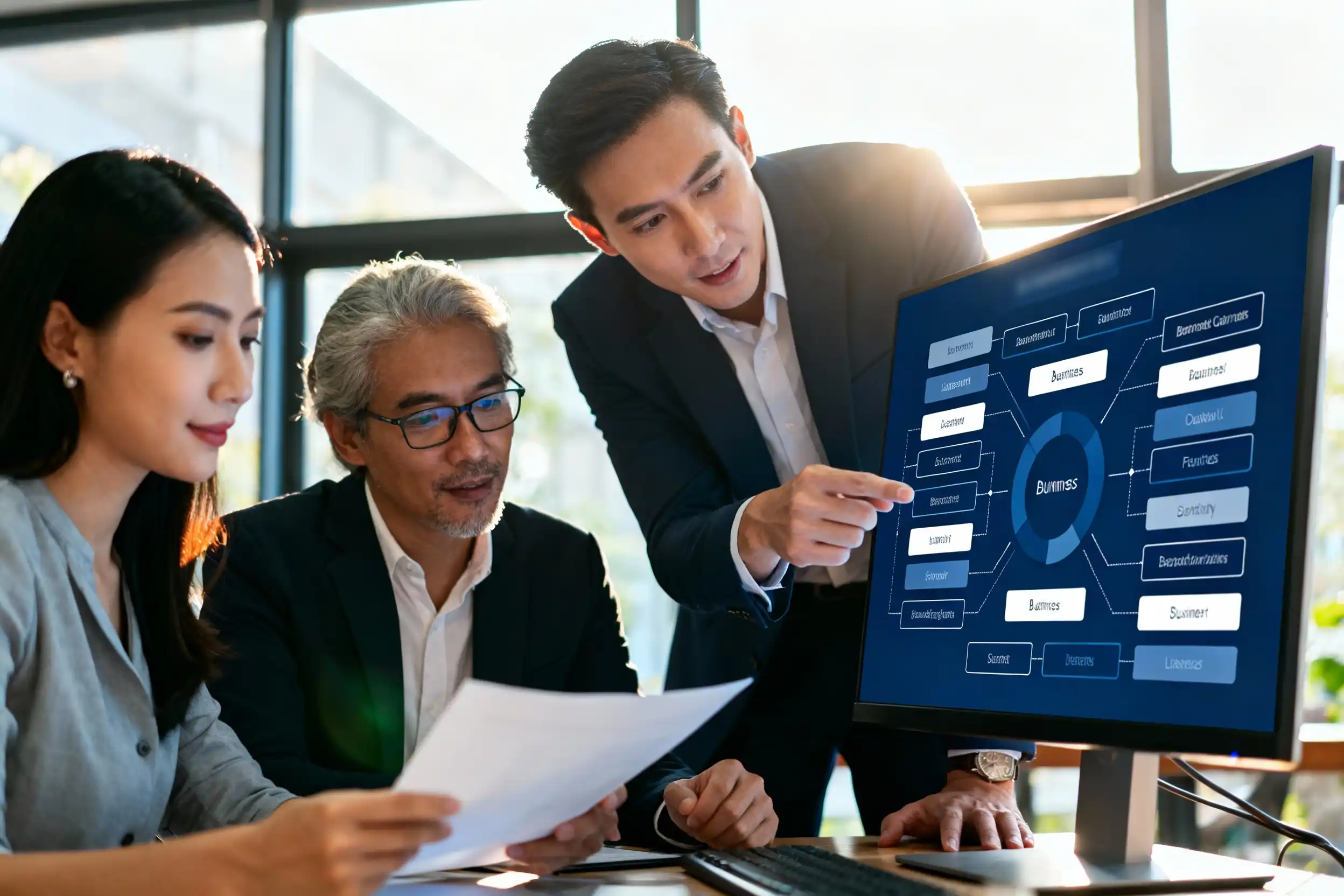 Team of Asian finance professionals collaboratively analyzing a complex business strategy flowchart on a computer monitor in a modern office