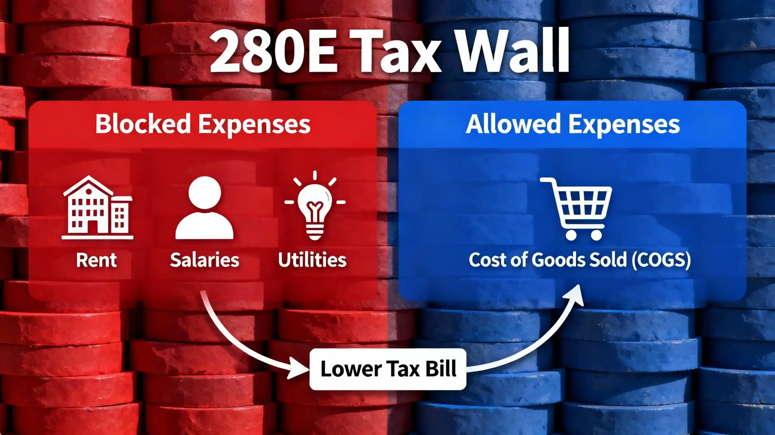 An infographic showing the "280E Tax Wall," with business expenses like rent and salaries being blocked, while Cost of Goods Sold (COGS) passes through to lower the tax bill.