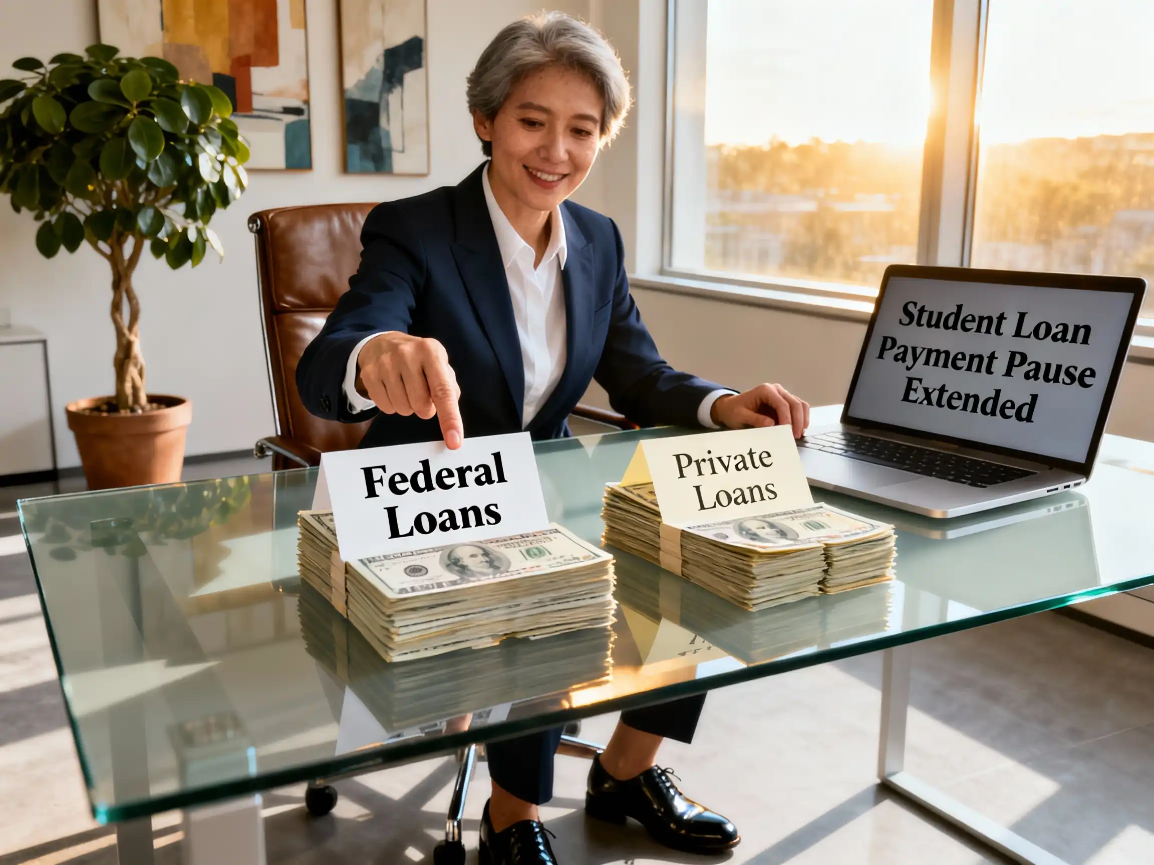 An authoritative woman in a business suit points toward two stacks of money labeled "Federal Loans" and "Private Loans" on a desk. A laptop screen in the background displays the text "Student Loan Payment Pause Extended."